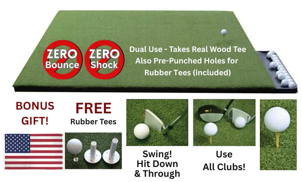 Dura-Star Pro-Action Wood Tee Golf Mats. Finally golf hitting mats that can withstand use from all clubs. Hit down & through without the shock or bounce you get from ordinary wood tee golf practice mats