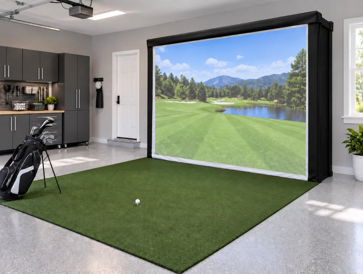 America's Compact 8x13x2 Golf Simulator Enclosure in a garage set-up