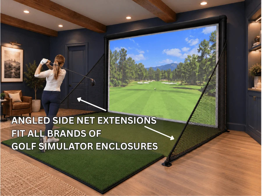 America's Compact Golf Simulator Enclosure with angled side net extensions